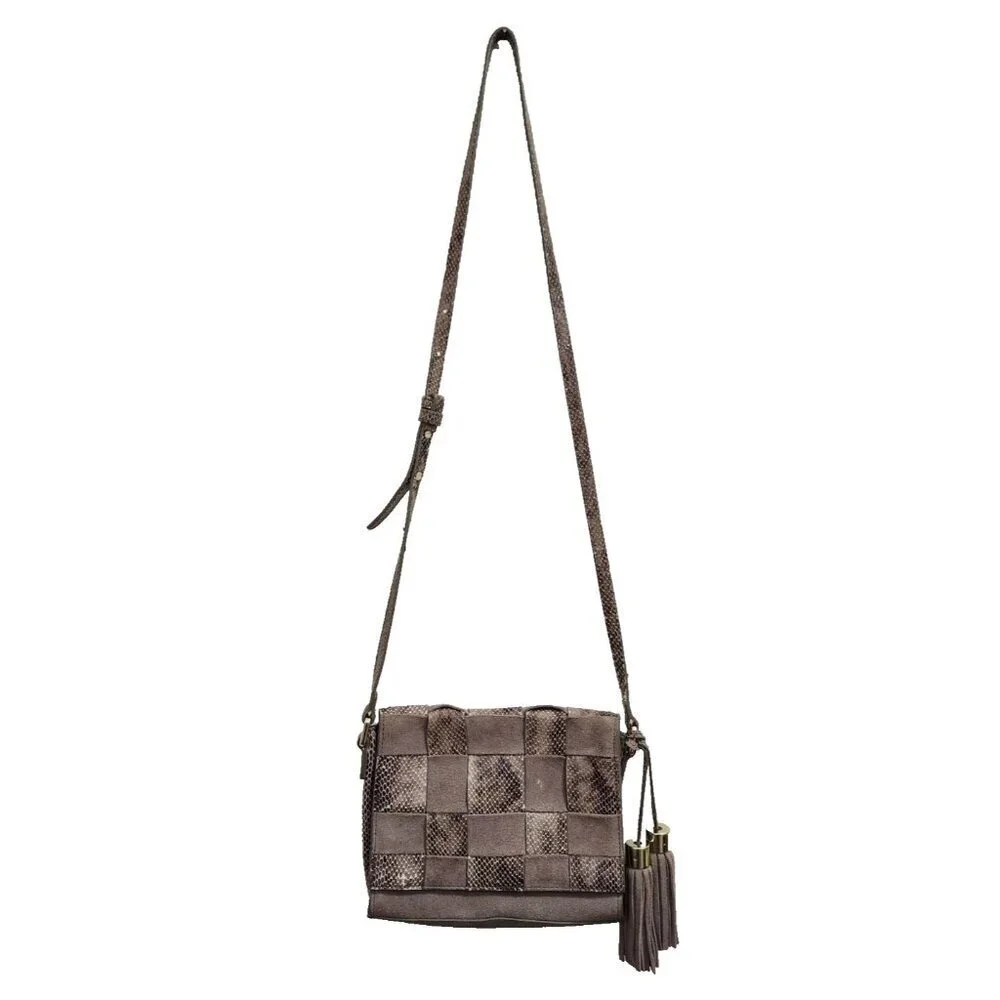 Antropologie Morgan  Woven Suede Crossbody Bag Snakeskin Accents Tassel Boho